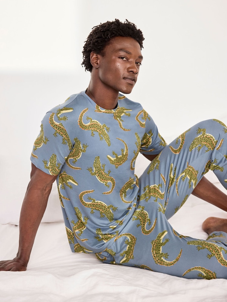 Chelsea Peers Blue Crocodile Lagoon Print Long Pyjamas Set - Image 2 of 5 Chelsea Peers Blue Crocodile Lagoon Print Long Pyjamas Set - Image 2 of 5