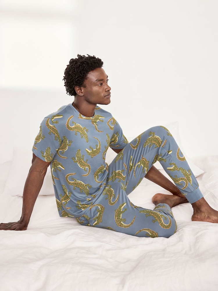 Chelsea Peers Blue Crocodile Lagoon Print Long Pyjamas Set - Image 5 of 5 Chelsea Peers Blue Crocodile Lagoon Print Long Pyjamas Set - Image 5 of 5