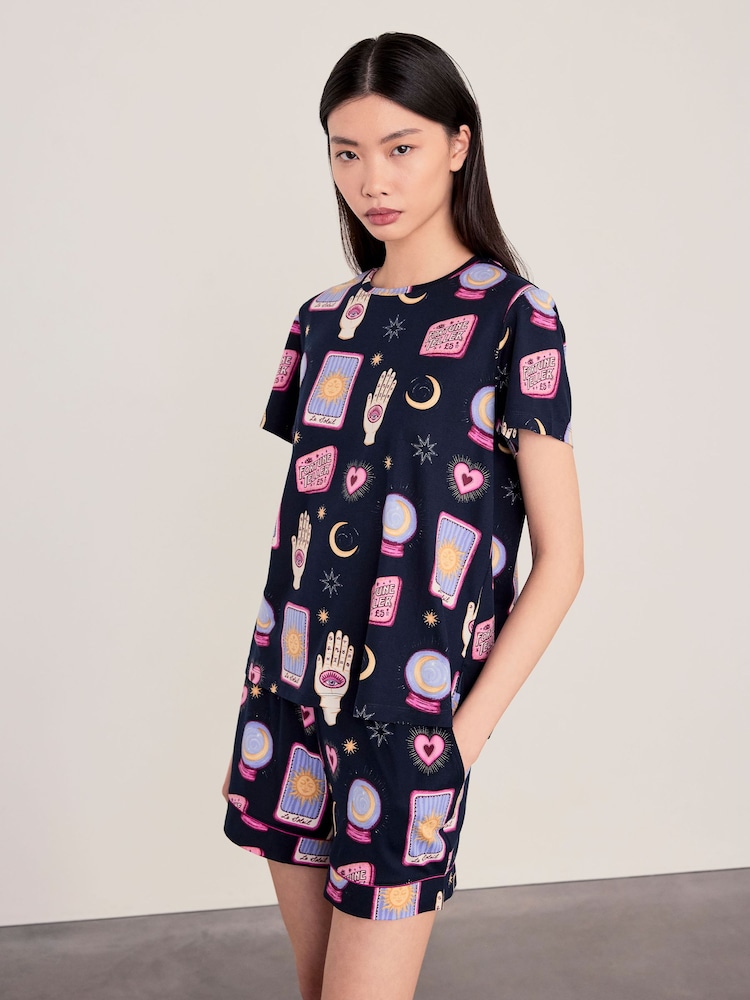 Chelsea Peers Blue Halloween Fortune Teller Print Short Pyjamas Set - Image 2 of 6 Chelsea Peers Blue Halloween Fortune Teller Print Short Pyjamas Set - Image 2 of 6