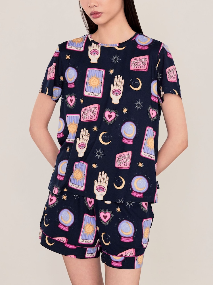 Chelsea Peers Blue Halloween Fortune Teller Print Short Pyjamas Set - Image 6 of 6 Chelsea Peers Blue Halloween Fortune Teller Print Short Pyjamas Set - Image 6 of 6