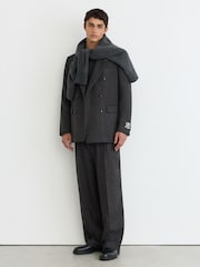 Reiss Charcoal Grey Russel Monogram Wool-Blend Chalk-Stripe Suit Trousers Relaxed-Fit - Image 1 of 7