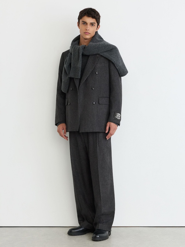 Reiss Charcoal Grey Russel Monogram Wool-Blend Chalk-Stripe Suit Trousers Relaxed-Fit - Image 1 of 7 Reiss Charcoal Grey Russel Monogram Wool-Blend Chalk-Stripe Suit Trousers Relaxed-Fit - Image 1 of 7