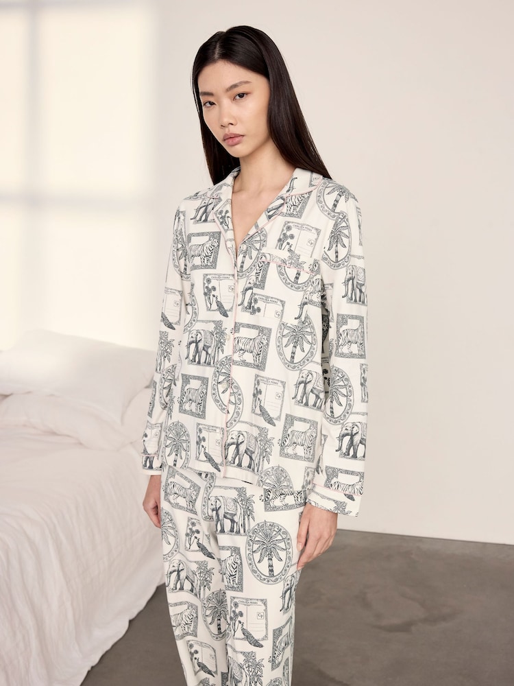 Chelsea Peers White Petite Cotton Safari Stamp Print Long Pyjamas Set - Image 1 of 5