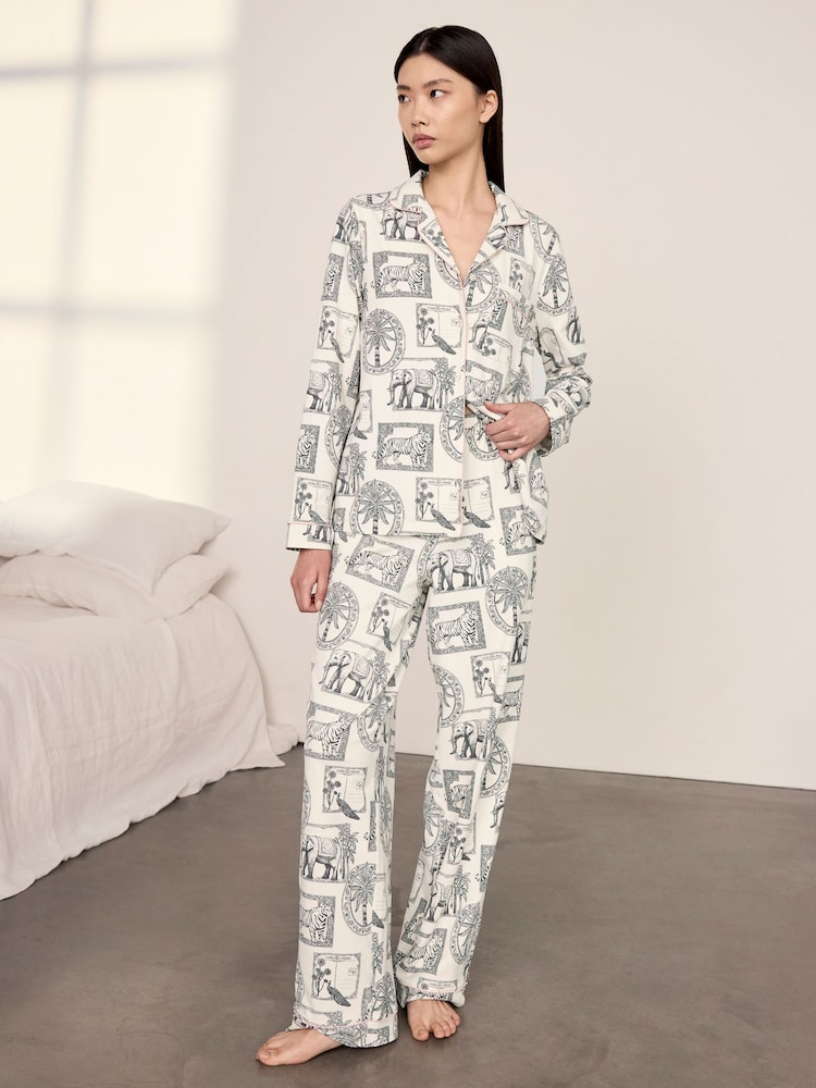 Chelsea Peers White Petite Cotton Safari Stamp Print Long Pyjamas Set - Image 2 of 5