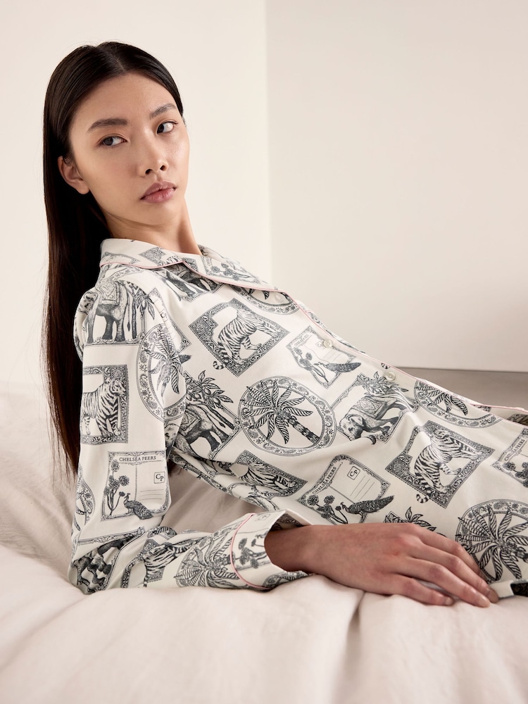 Chelsea Peers White Petite Cotton Safari Stamp Print Long Pyjamas Set - Image 5 of 5
