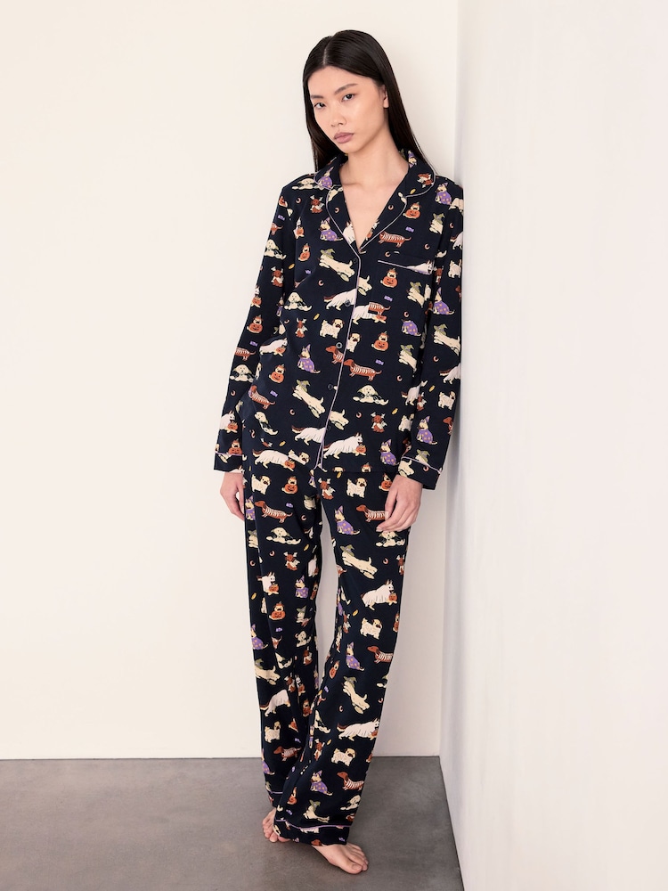 Chelsea Peers Black Cotton Halloween Dogs Print Long Pyjamas Set - Image 1 of 6 Chelsea Peers Black Cotton Halloween Dogs Print Long Pyjamas Set - Image 1 of 6