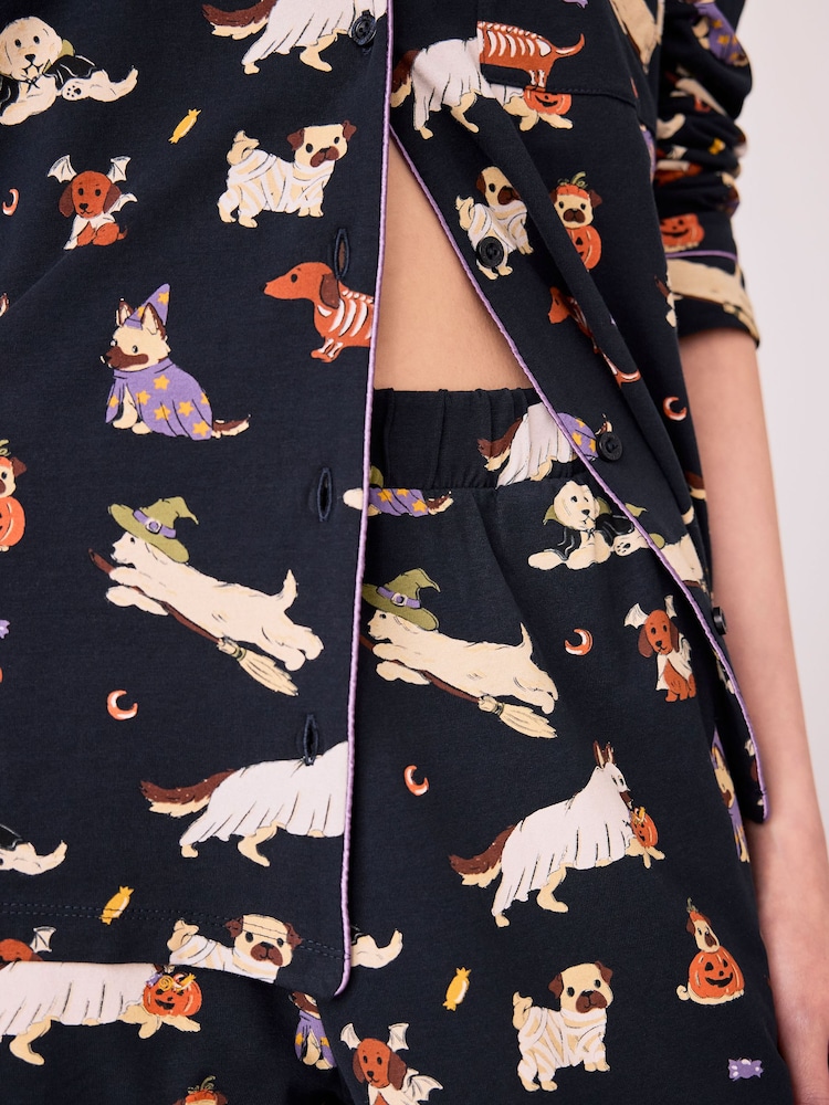 Chelsea Peers Black Cotton Halloween Dogs Print Long Pyjamas Set - Image 6 of 6 Chelsea Peers Black Cotton Halloween Dogs Print Long Pyjamas Set - Image 6 of 6