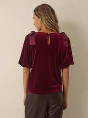 Monsoon Red Vittoria Short Sleeve Bow Velvet Top - Image 3 of 4