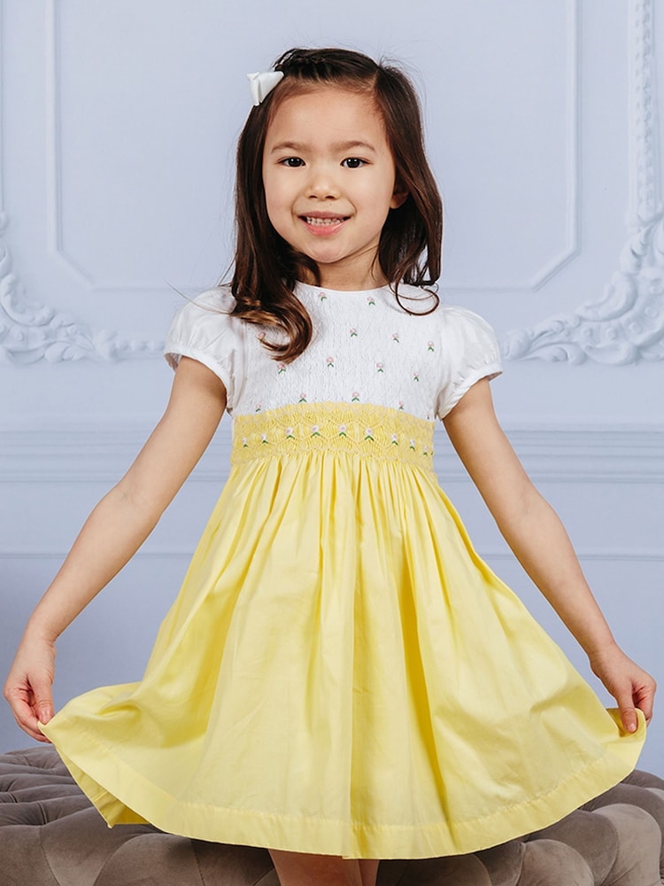 Trotters London Girls Lemon Yellow Rose Hand Smocked Dress - Image 1 of 6
