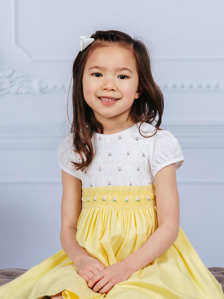 Trotters London Girls Lemon Yellow Rose Hand Smocked Dress - Image 2 of 6