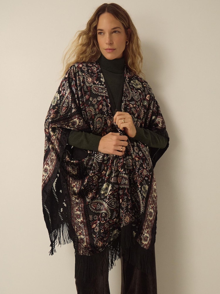 Monsoon Regan Paisley Devoré Fringe Poncho - Slika 1 od 5