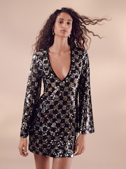 Black/Gold V-Neck Plunge Mini Dress - Image 1 of 7