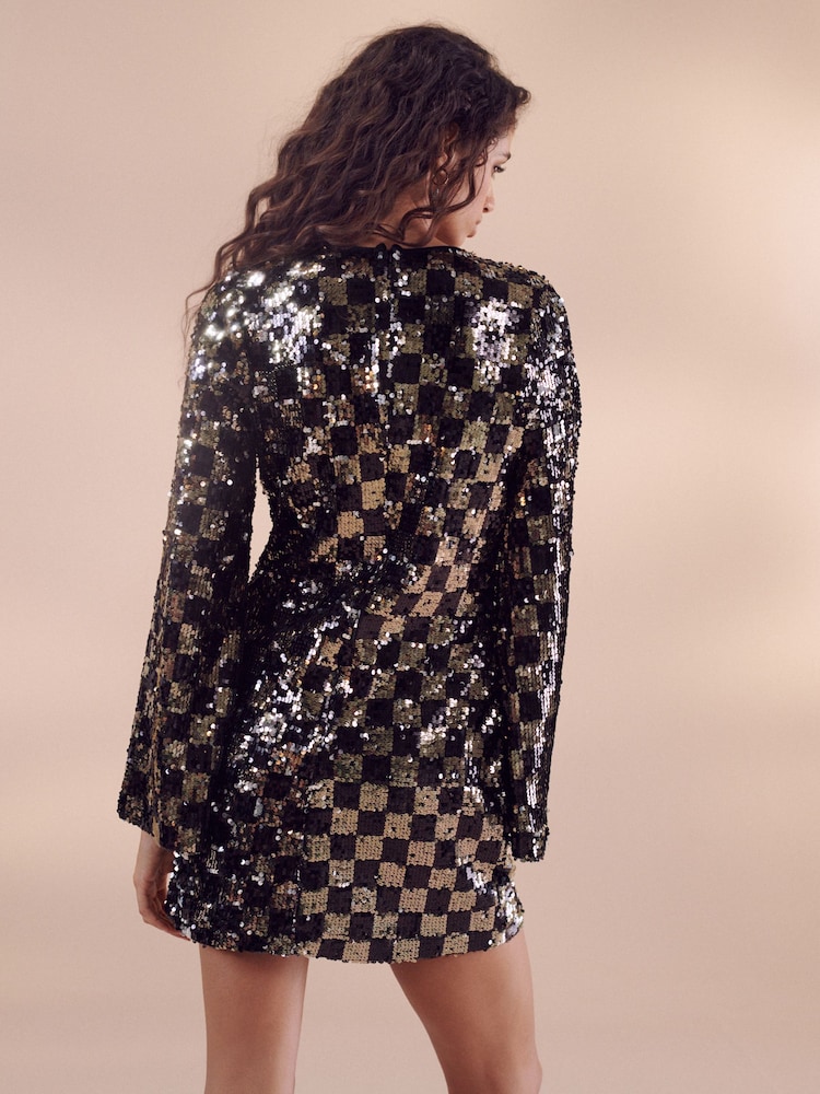 Black/Gold V-Neck Plunge Mini Dress - Image 4 of 7