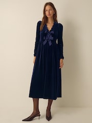 Monsoon Blue Britney V-Neck Bow Velvet Midi Dress - Image 1 of 5