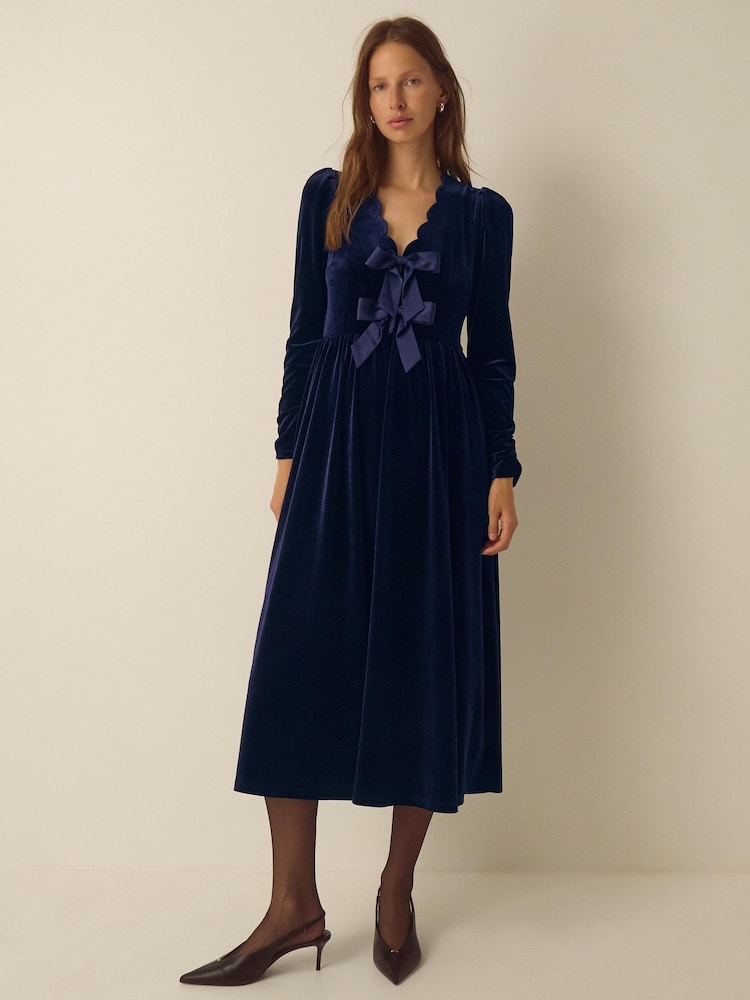 Monsoon Blue Britney V-Neck Bow Velvet Midi Dress - Image 1 of 5