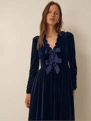 Monsoon Blue Britney V-Neck Bow Velvet Midi Dress - Image 2 of 5