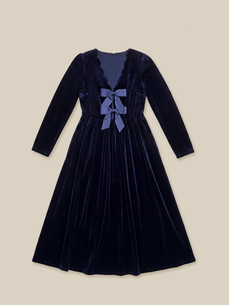 Monsoon Blue Britney V-Neck Bow Velvet Midi Dress - Image 5 of 5