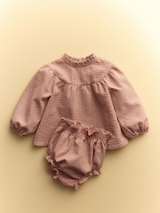 Mango Pink Seersucker Frill Checked Dress and Knicker Set - Image 1 of 4