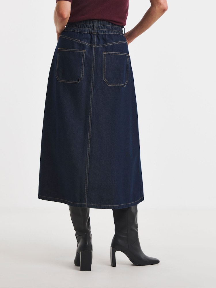JD Williams Blue Elasticated Waist Button Through Midi Skirt - Image 2 of 4 JD Williams Blue Elasticated Waist Button Through Midi Skirt - Image 2 of 4