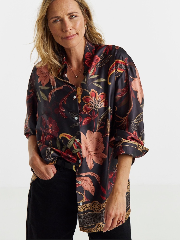 JD Williams Black Print Satin Long Sleeve Shirt - Image 1 of 4 JD Williams Black Print Satin Long Sleeve Shirt - Image 1 of 4