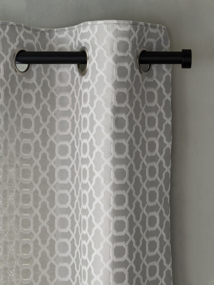 Light Silver Grey Next Woven Geometric Eyelet Lined Curtains - Image 1 of 5 Light Silver Grey Next Woven Geometric Eyelet Lined Curtains - Image 1 of 5