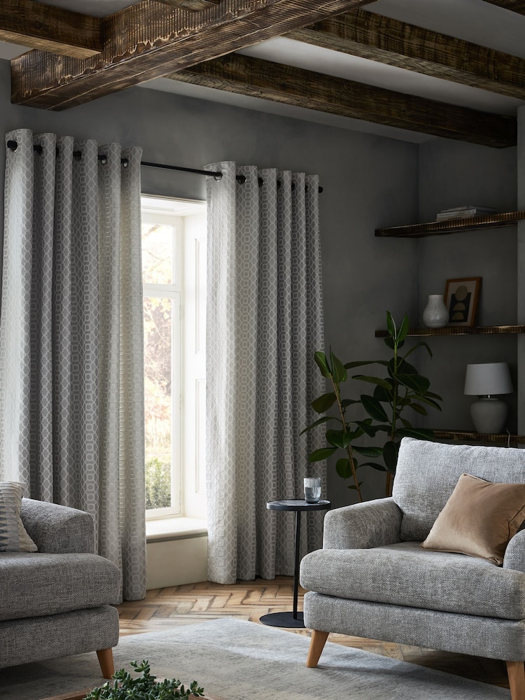 Light Silver Grey Next Woven Geometric Eyelet Lined Curtains - Image 2 of 5 Light Silver Grey Next Woven Geometric Eyelet Lined Curtains - Image 2 of 5