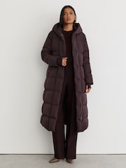 Reiss Dark Grape Larissa Belted Longline Hooded Puffer Coat - Image 1 of 7