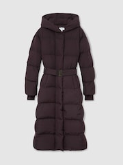 Reiss Dark Grape Larissa Belted Longline Hooded Puffer Coat - Image 2 of 7