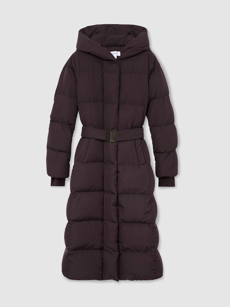 Reiss Dark Grape Larissa Belted Longline Hooded Puffer Coat - Image 2 of 7 Reiss Dark Grape Larissa Belted Longline Hooded Puffer Coat - Image 2 of 7