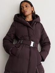 Reiss Dark Grape Larissa Belted Longline Hooded Puffer Coat - Image 5 of 7