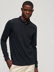 Superdry Blue Long Sleeve Cotton Pique Polo Shirt - Image 1 of 6