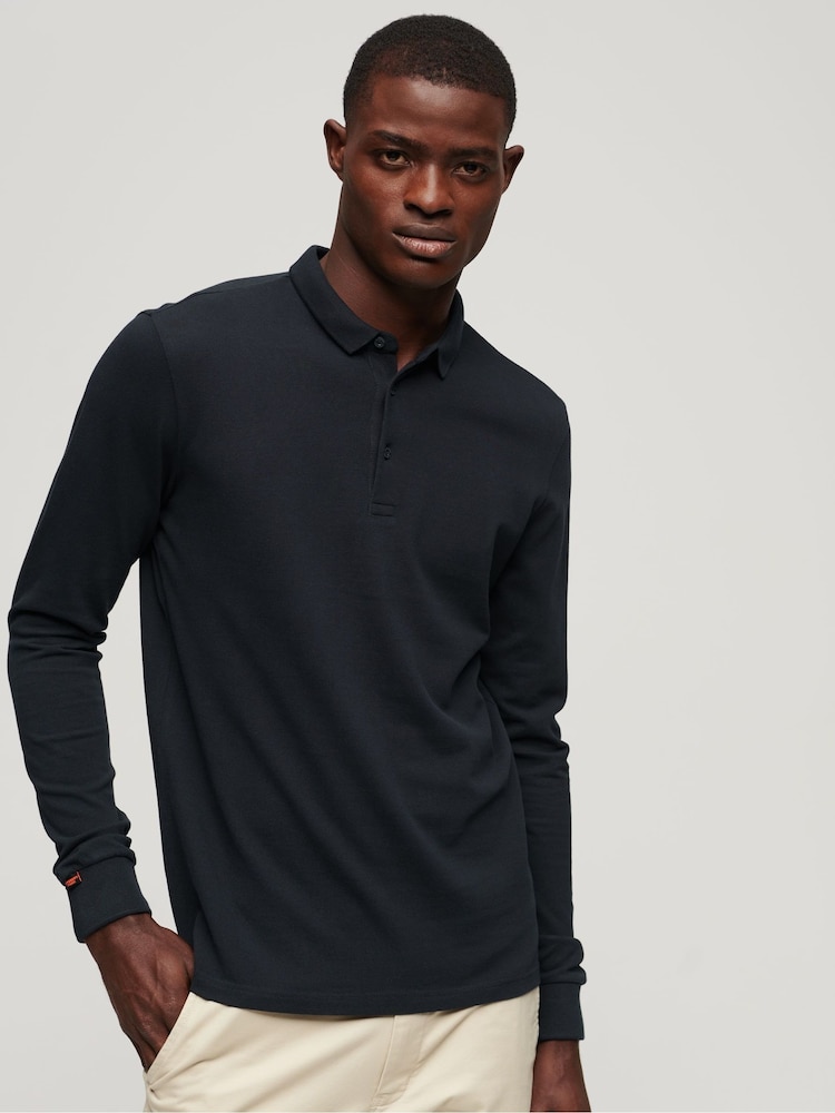 Superdry Blue Long Sleeve Cotton Pique Polo Shirt - Image 1 of 6