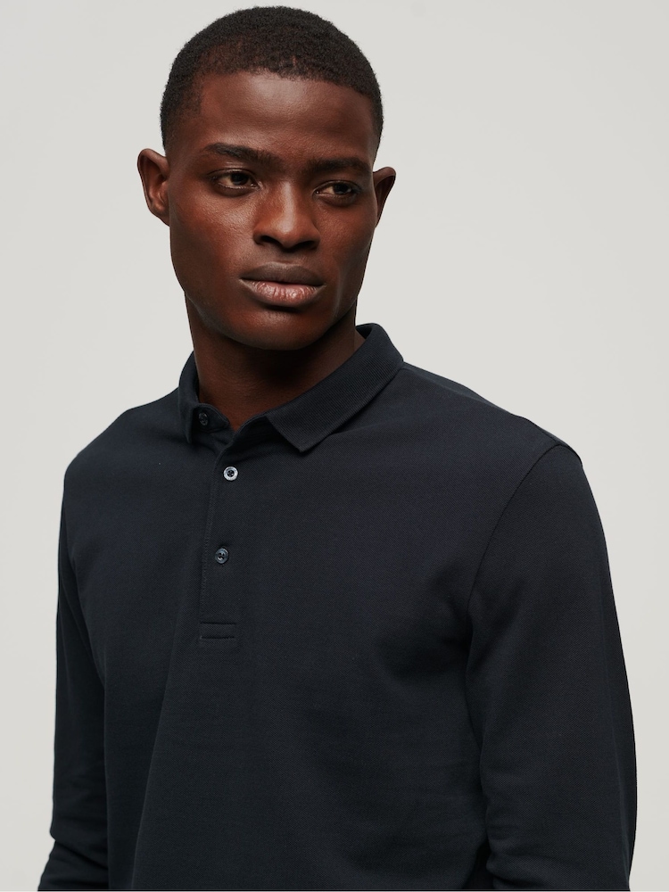 Superdry Blue Long Sleeve Cotton Pique Polo Shirt - Image 3 of 6