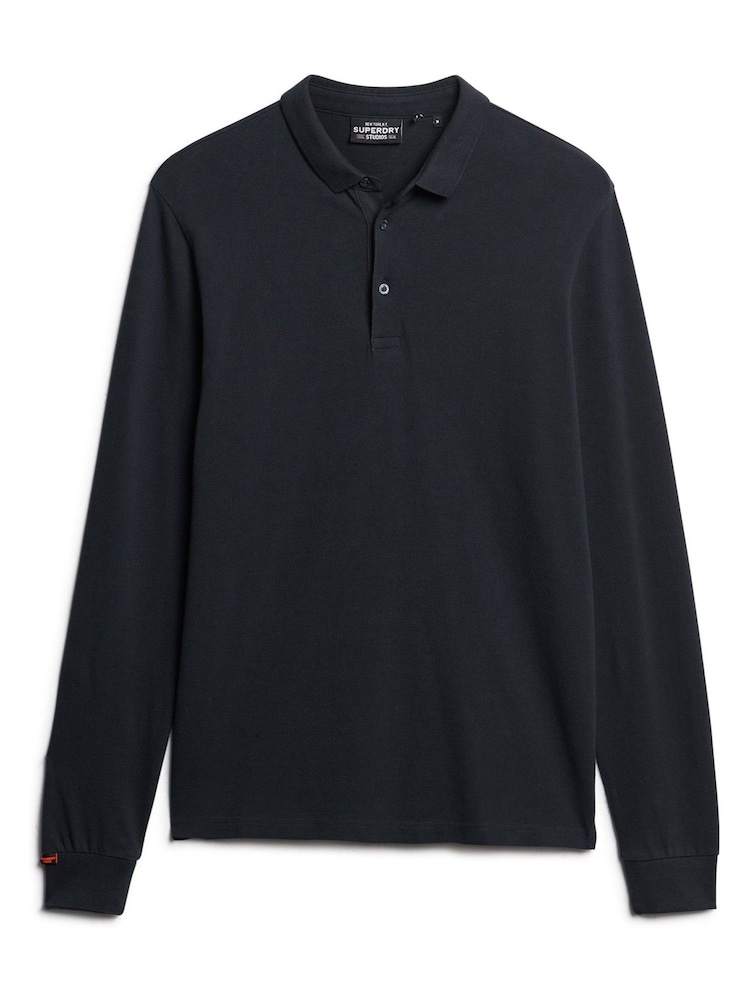 Superdry Blue Long Sleeve Cotton Pique Polo Shirt - Image 4 of 6