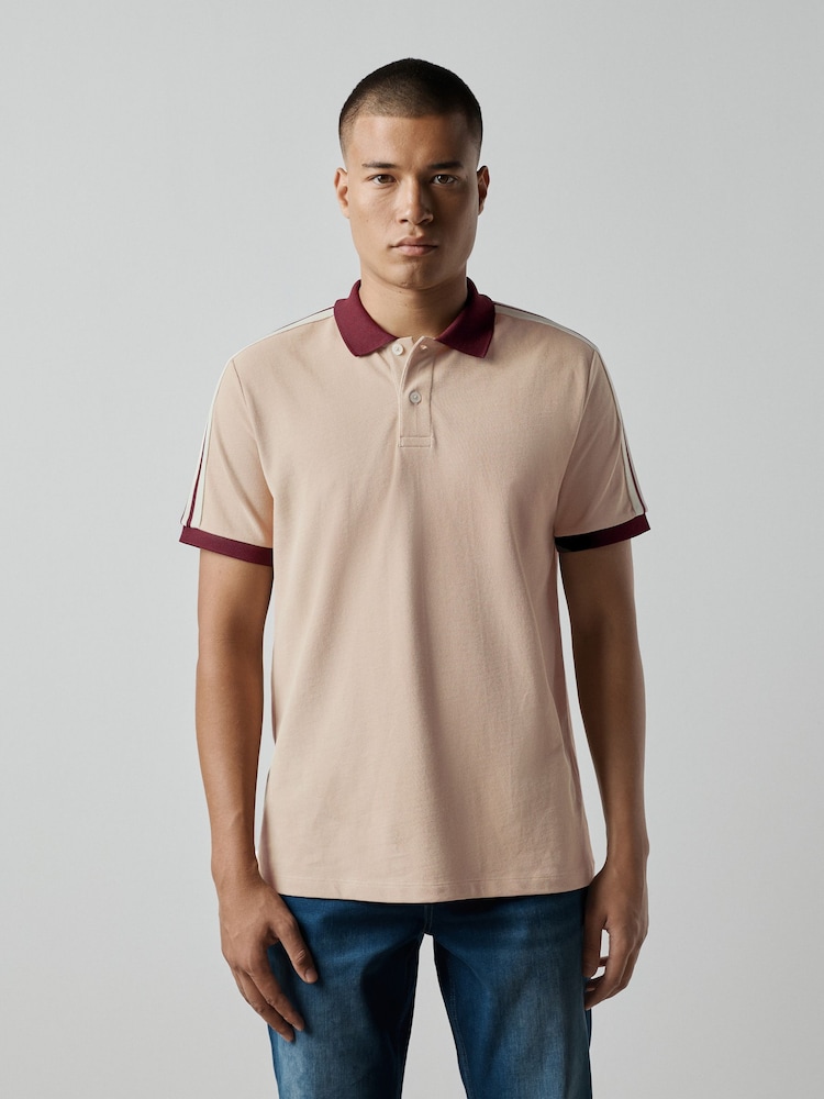 Stone Overarm Stripe Pique Polo Shirt - Image 1 of 7 Stone Overarm Stripe Pique Polo Shirt - Image 1 of 7