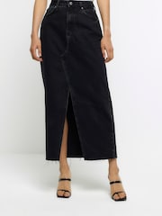 أسود - River Island Denim Split Detail Maxi Skirt - صورة 1 من 1