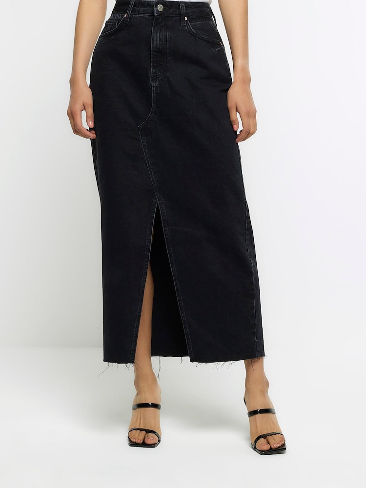أسود - River Island Denim Split Detail Maxi Skirt - صورة 1 من 1