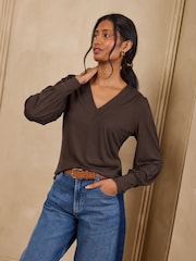 Love & Roses Chocolate Brown V-Neck Jersey Top - Image 1 of 4