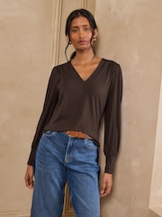 Love & Roses Chocolate Brown V-Neck Jersey Top - Image 4 of 4