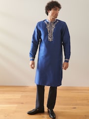Navy Blue Mens Long Length Kurta - Image 1 of 7