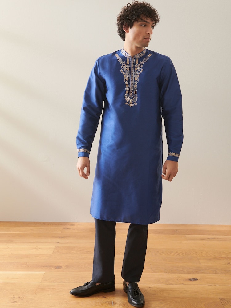 Navy Blue Mens Long Length Kurta - Image 1 of 7