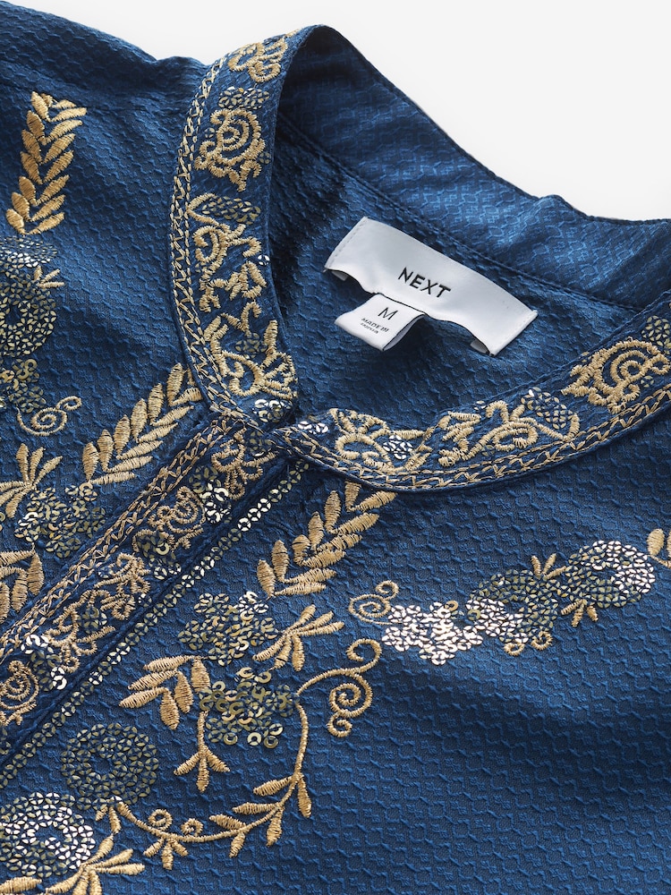 Navy Blue Mens Long Length Kurta - Image 7 of 7
