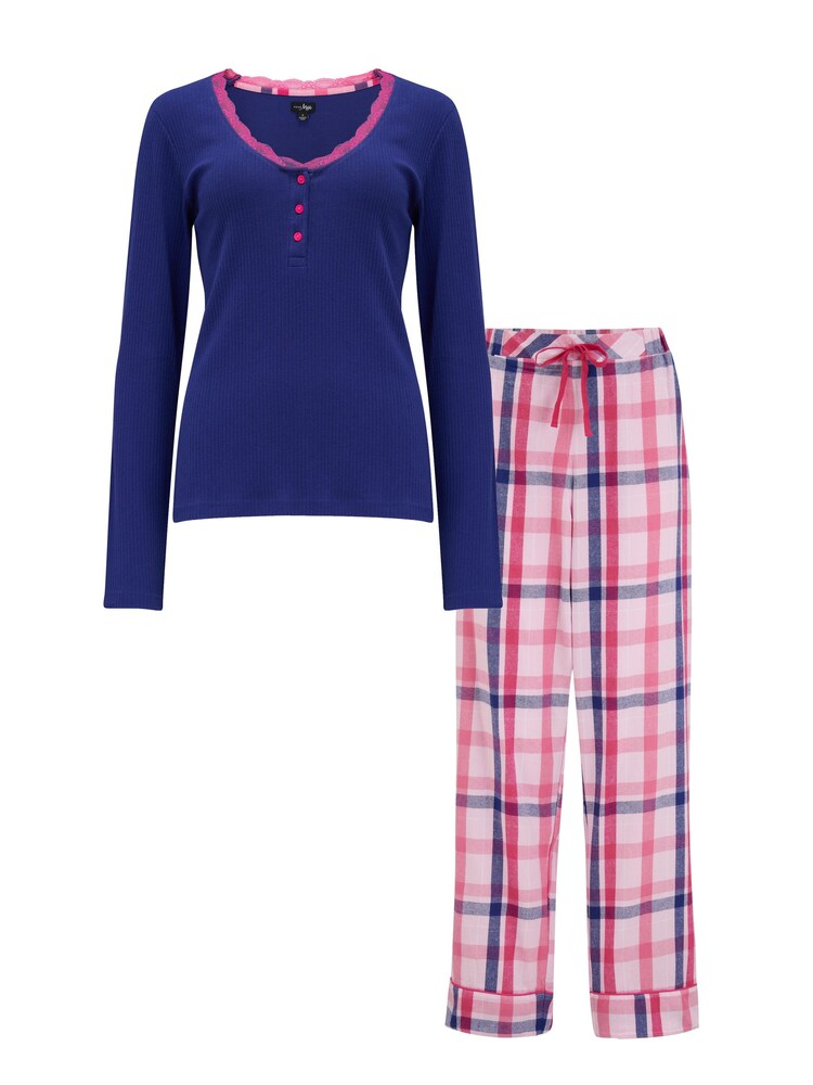Pour Moi Blue Rib Jersey Lace Trim Henley Top & Check 100% Cotton Trouser Pyjama Set - Image 4 of 4