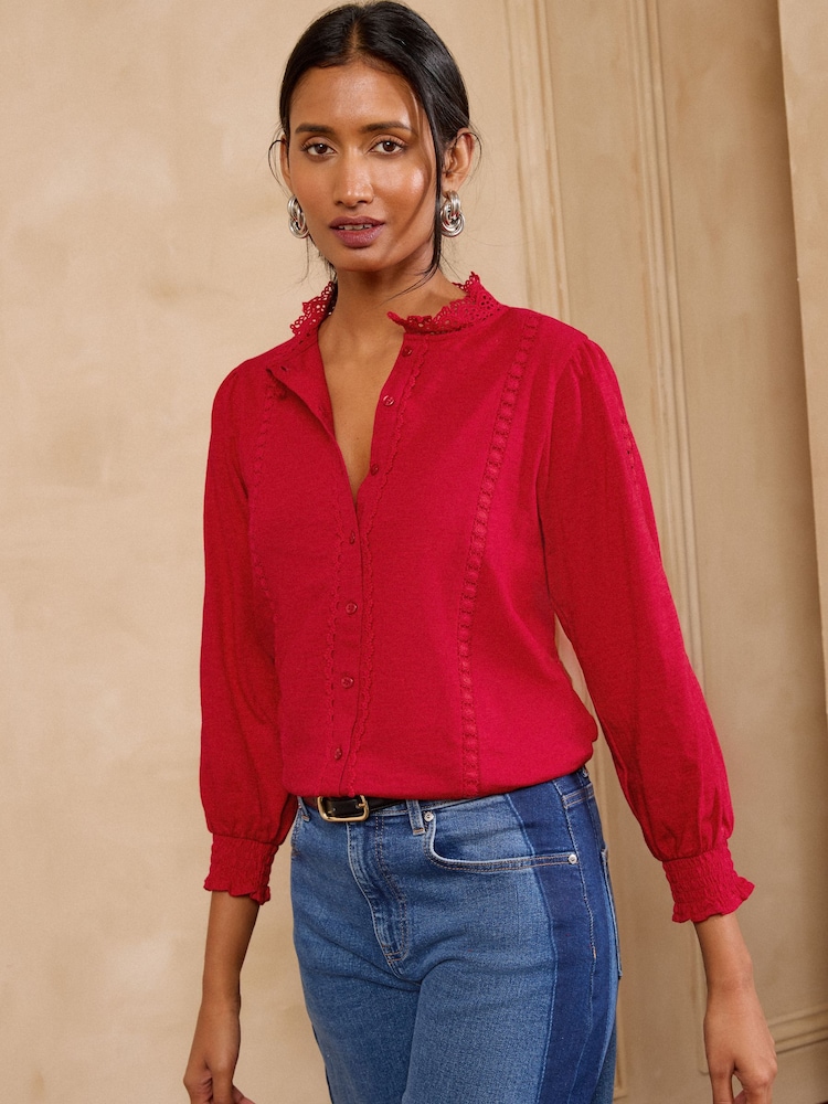 Love & Roses Red 3/4 Sleeve Broderie Jersey Shirt - Image 1 of 4 Love & Roses Red 3/4 Sleeve Broderie Jersey Shirt - Image 1 of 4