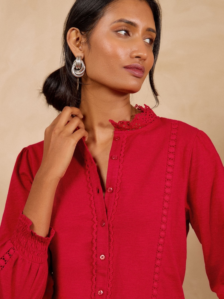 Love & Roses Red 3/4 Sleeve Broderie Jersey Shirt - Image 2 of 4 Love & Roses Red 3/4 Sleeve Broderie Jersey Shirt - Image 2 of 4