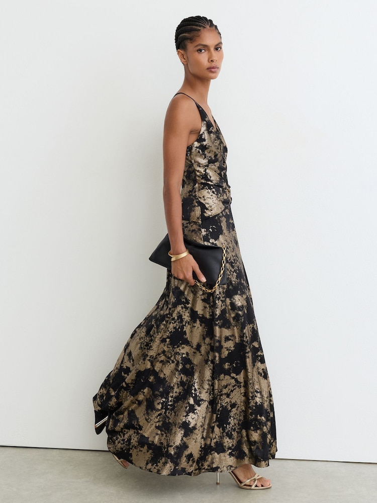 Reiss Black/Gold Rylie Metallic-Jacquard Strappy Cut-Out Maxi Dress - Image 1 of 8 Reiss Black/Gold Rylie Metallic-Jacquard Strappy Cut-Out Maxi Dress - Image 1 of 8