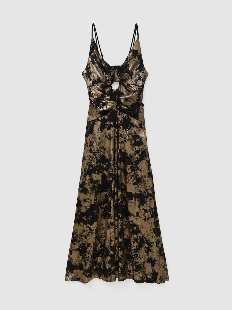 Reiss Black/Gold Rylie Metallic-Jacquard Strappy Cut-Out Maxi Dress - Image 2 of 8 Reiss Black/Gold Rylie Metallic-Jacquard Strappy Cut-Out Maxi Dress - Image 2 of 8
