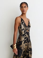 Reiss Black/Gold Rylie Metallic-Jacquard Strappy Cut-Out Maxi Dress - Image 3 of 8