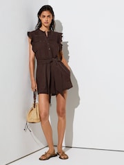 Reiss Chocolate Mylie Cotton Cheesecloth Ruffle-Detail Playsuit - Image 1 of 7