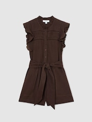Reiss Chocolate Mylie Cotton Cheesecloth Ruffle-Detail Playsuit - Image 2 of 7